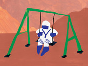 Editorial illustration of an astronaut in a white spacesuit sitting on a green playground swing set against a red Martian landscape.