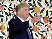 Editorial collage of a man in a suit raising a wine glass against a decorative floral and fruit pattern background.