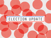 Decorative editorial header graphic for FiveThirtyEight's Election Update series, featuring red circles on a grid background with a central text banner.