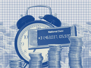 Blue-tinted editorial illustration showing an alarm clock, stacks of coins, dollar bills, and a national debt counter displaying over $31 trillion on a grid background.