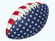 An illustrated American football decorated with the United States flag stars and stripes pattern, set against a grid paper background.