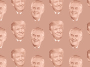 Repeating pattern of two men's faces in monochrome pink tones on a pink background, used as decorative editorial illustration.