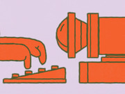 Orange illustrated graphic on lavender background showing a hand typing on a keyboard next to a camera or projector lens, in a flat graphic style.