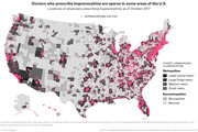 US map showing locations of buprenorphine-prescribing doctors as of October 2017, with counties shaded by urban/rural classification from large central metro to noncore.