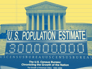 Stylized blue-and-yellow editorial illustration showing the U.S. Supreme Court building behind a U.S. Population Estimate sign from the Census Bureau.