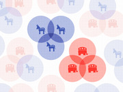 Decorative editorial illustration featuring Democratic donkeys and Republican elephants arranged in overlapping Venn diagram circles in blue and red.