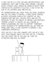 XKCD-style stick figure cartoon of a politician at a podium delivering an absurd campaign speech full of terrible policy promises.
