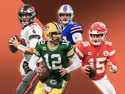 Editorial illustration showing four NFL quarterbacks in their team uniforms posed against an orange background, representing top playoff contenders.
