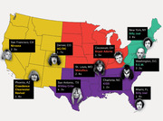 Color-coded US map showing which rock bands are most overrepresented in each major city, with artist photos and multiplier values.
