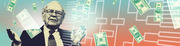 Editorial illustration of an elderly man in a suit surrounded by falling dollar bills with a tournament bracket diagram in the background.