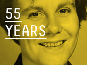 Yellow-tinted editorial photo of a smiling person overlaid with large white text reading 55 Years.