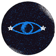 Dark circular illustration featuring a blue eye symbol flanked by two small white stars on a dark navy textured background.