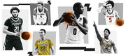 Editorial collage of six college basketball players in uniforms from Colorado State, Villanova, Michigan, Arizona, Illinois, and Loyola Ramblers.