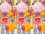 Decorative collage illustration featuring repeating pink roses, red poppies, and yellow flowers arranged in a grid pattern on a colorful patchwork background.