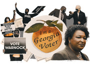Editorial collage illustration featuring Georgia voter sticker, Stacey Abrams, Raphael Warnock, Joe Biden, and protesters holding Vote Warnock and Black Votes Matter signs.
