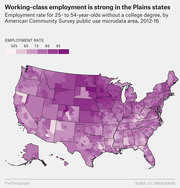 Choropleth map of the US showing working-class employment rates for 25- to 54-year-olds without a college degree by ACS microdata area, 2012-16, with Plains states darkest.
