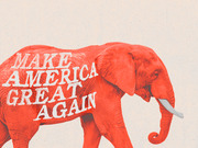 A red-tinted elephant with the slogan Make America Great Again written across its body, used as editorial illustration.