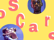 Decorative Oscars editorial graphic with large pink letters spelling Oscars on a yellow background, featuring circular film stills from La La Land and Moonlight.