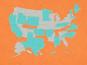 US map with some states highlighted in teal and others in gray against an orange background, showing a geographic data comparison by state.