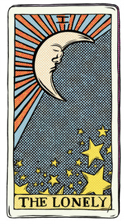 Illustrated tarot card styled graphic featuring a crescent moon with a face, radiating rays, gold stars, and the label The Lonely at the bottom.