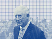Blue-tinted editorial illustration of an older man in a pinstripe suit against a grid background with a crowd behind him.
