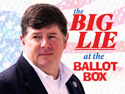 Editorial illustration showing a man in a suit against a stylized American flag background with the text 'the Big Lie at the Ballot Box'.