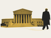 Editorial illustration showing a dark silhouette of a figure walking toward a golden-toned US Supreme Court building with Equal Justice Under Law inscription.