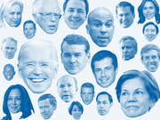 Blue-tinted editorial illustration showing the faces of multiple 2020 Democratic presidential candidates at varying sizes arranged across a white background.