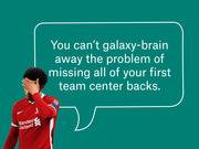 Editorial graphic showing a Liverpool FC player covering his face beside a speech bubble reading about missing first team center backs.