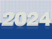 3D rendered numerals spelling 2024 in white against a blue grid background with a reflective blue floor, used as decorative editorial art.