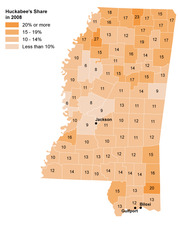 Choropleth map of Mississippi counties showing Huckabee's share of the vote in 2008, with percentages labeled in each county and shading from less than 10% to 20% or more.