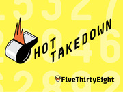 Promotional logo graphic for FiveThirtyEight's Hot Takedown podcast featuring a flaming microphone illustration on a yellow background with numbers.