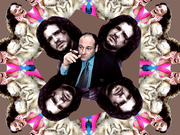 Kaleidoscopic collage editorial illustration featuring repeated cutout portraits of TV characters surrounding a central suited man with a cigar.