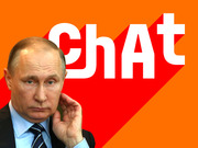 Editorial illustration of Vladimir Putin against an orange and red background with the word Chat in large white letters.