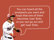 Editorial illustration of Juan Soto in a Washington Nationals uniform with a speech bubble quote about hoarding prospects versus getting Juan Soto.