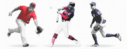 Editorial illustration of three MLB baseball players in action poses: an Angels fielder, a Cleveland Indians batter, and a New York Yankees fielder.