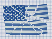 Editorial illustration of an American flag shattered like broken glass, rendered in blue tones on a grid paper background.