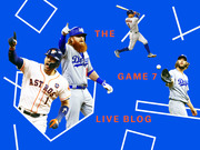 Editorial illustration for a Game 7 live blog featuring Houston Astros and Los Angeles Dodgers players on a blue background with geometric shapes.