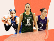 Editorial collage of three WNBA players in their team jerseys against a red and pink graphic background.