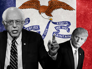 Editorial illustration showing Bernie Sanders and Donald Trump in black and white against the Iowa state flag background.