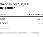 Table showing suicide rates per 100,000 by gender: males at 20.4 and females at 5.5, age adjusted, sourced from the CDC.