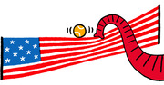 Editorial cartoon illustration of an American flag morphing into a curved red shape with a tennis ball bouncing off it, suggesting a tennis theme.