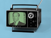 Editorial illustration of a vintage Sony portable television displaying a green-tinted image of Joe Biden on a light blue background.