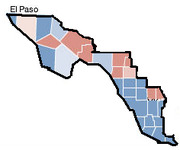Choropleth map of a Mexican border state showing counties or municipalities colored in shades of red and blue, with El Paso labeled at the top left.
