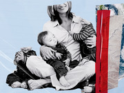 Collage-style editorial illustration of a woman holding multiple young children in black and white, set against a light blue background with map and globe fragments.