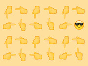 A grid of yellow pointing hand emojis in various directions on a light orange background, with one sunglasses face emoji among them.
