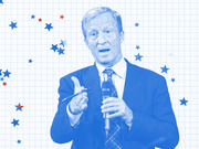 Blue-tinted editorial illustration of a man in a suit speaking into a microphone, surrounded by red and blue stars on a grid background.