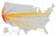 US map with colored lines radiating from a point on the West Coast to cities across the country, using red, orange, yellow, and green lines.