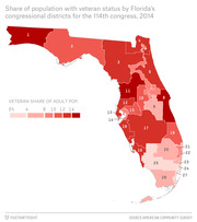 Choropleth map of Florida showing the share of population with veteran status by congressional district for the 114th Congress in 2014, with darker red indicating higher veteran share.