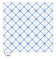 Grid diagram showing a 6x6 arrangement of squares each subdivided by diagonal blue lines, with a 1 km scale bar at the bottom left.